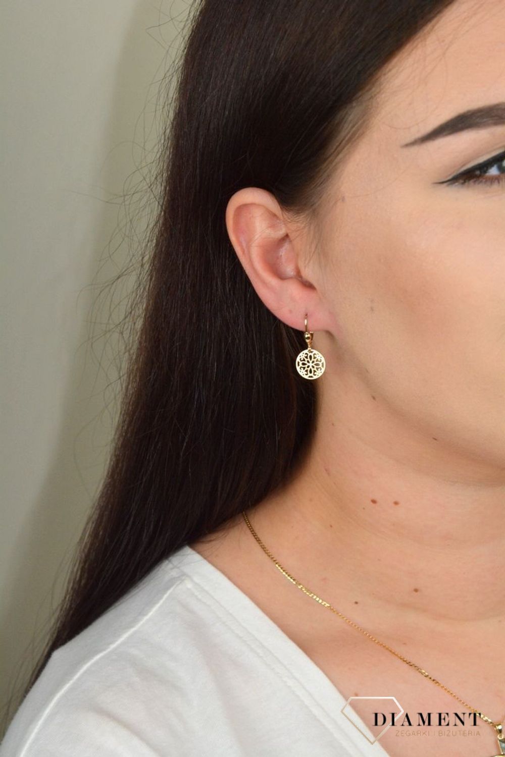 Złote kolczyki wiszące koła z ażurową zawieszką KL 4390.jpg